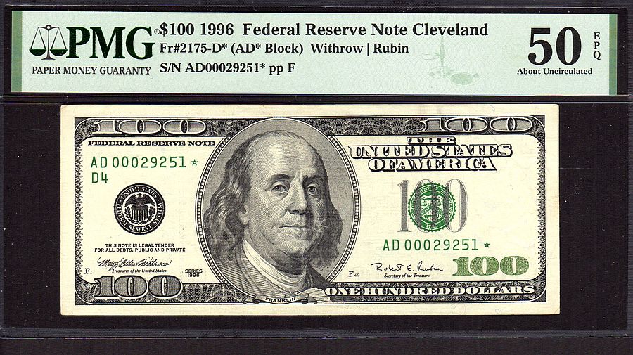 Fr.2175-D, 1996 $100 Cleveland Star FRN, AD00029251*, AU, PMG-50 EPQ